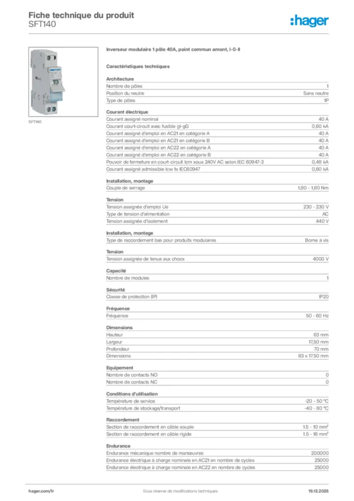 Image Hager Fiche technique du produit SFT140 | Hager France