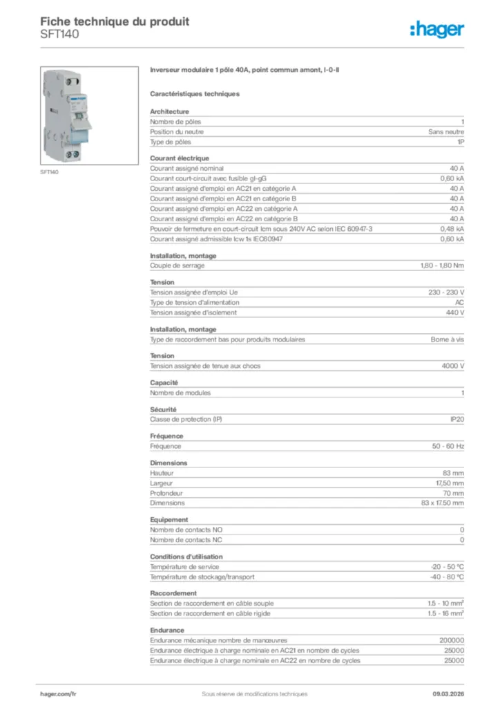 Image Hager Fiche technique du produit SFT140 | Hager France