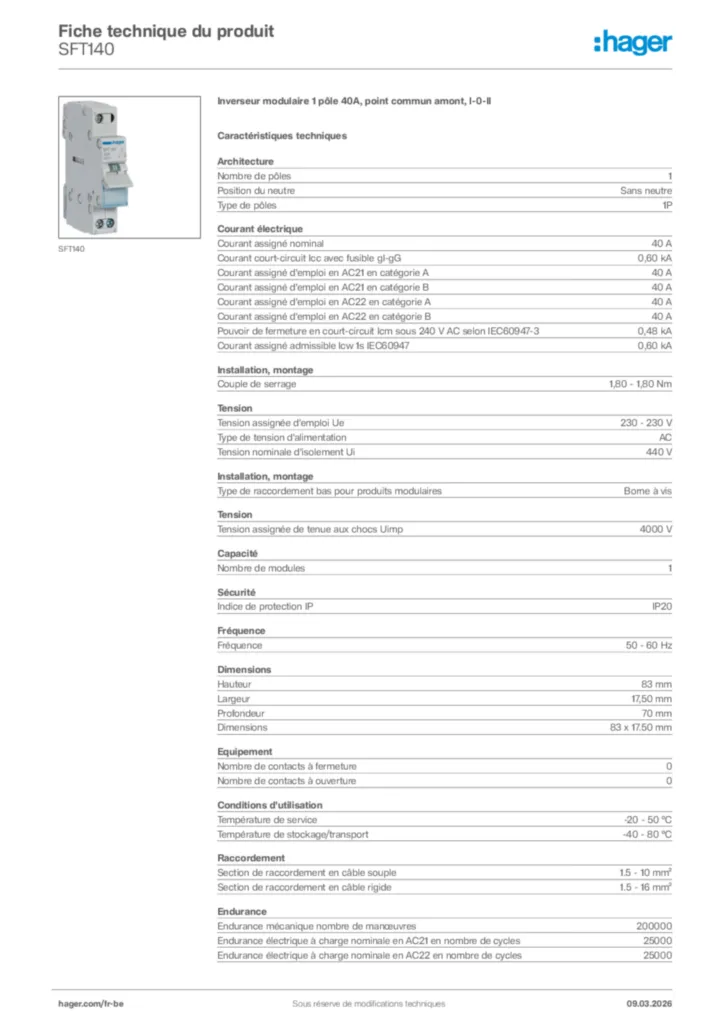 Image Hager Fiche technique du produit SFT140 | Hager Belgique