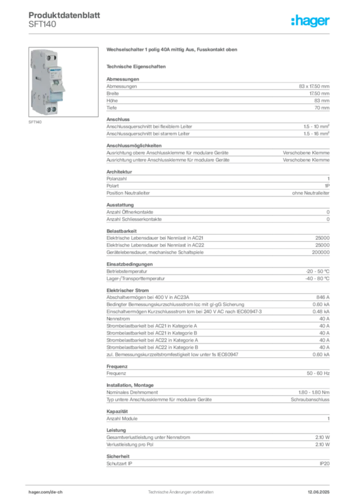 Bild Hager Produktdatenblatt SFT140 | Hager Schweiz