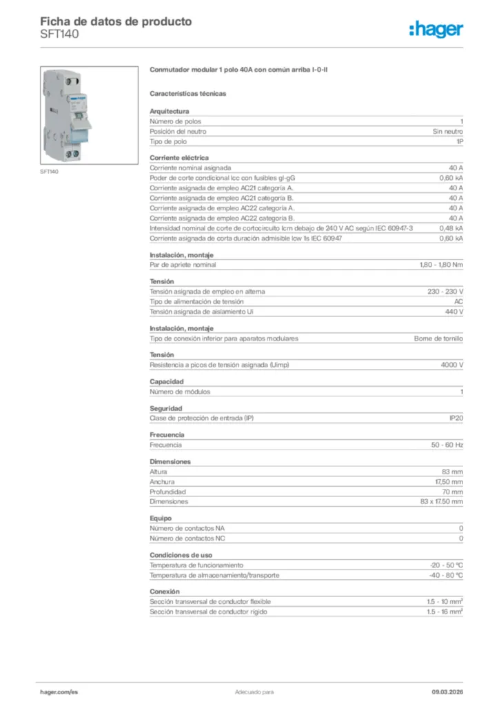 Imagen Hager Ficha de datos de producto SFT140 | Hager España