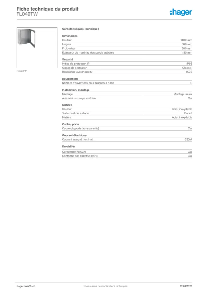 Image Hager Fiche technique du produit FL049TW | Hager Suisse