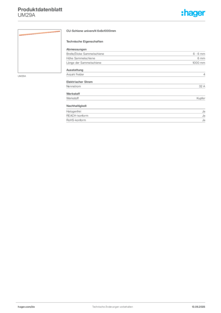 Hager Produktdatenblatt UM29A