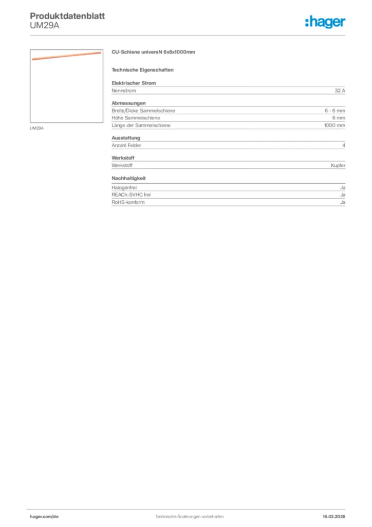 Bild Hager Produktdatenblatt UM29A | Hager Deutschland