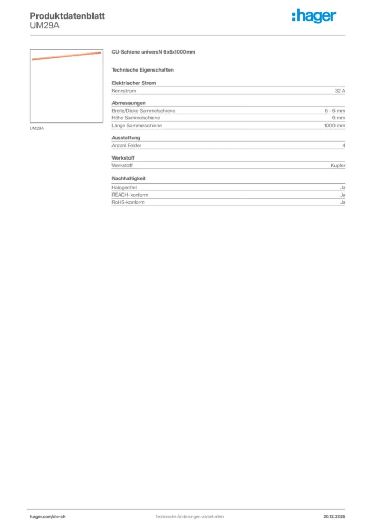 Bild Hager Produktdatenblatt UM29A | Hager Schweiz