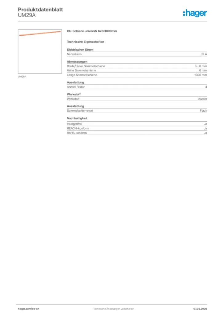 Bild Hager Produktdatenblatt UM29A | Hager Schweiz
