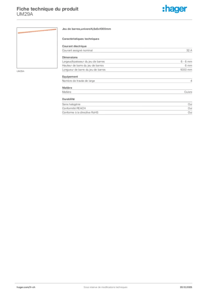 Image Hager Fiche technique du produit UM29A | Hager Suisse