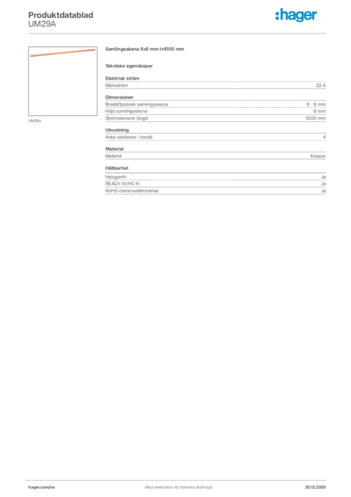 Bild Hager Produktdatablad UM29A | Hager Sverige