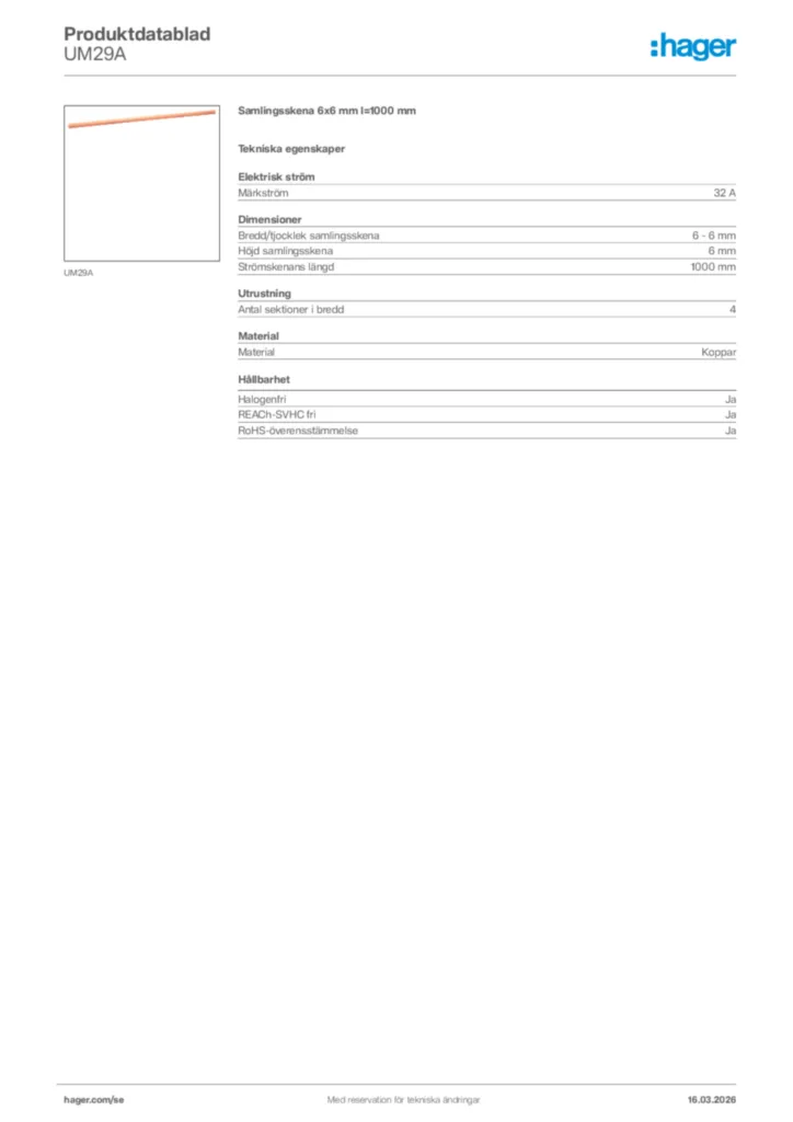 Bild Hager Produktdatablad UM29A | Hager Sverige