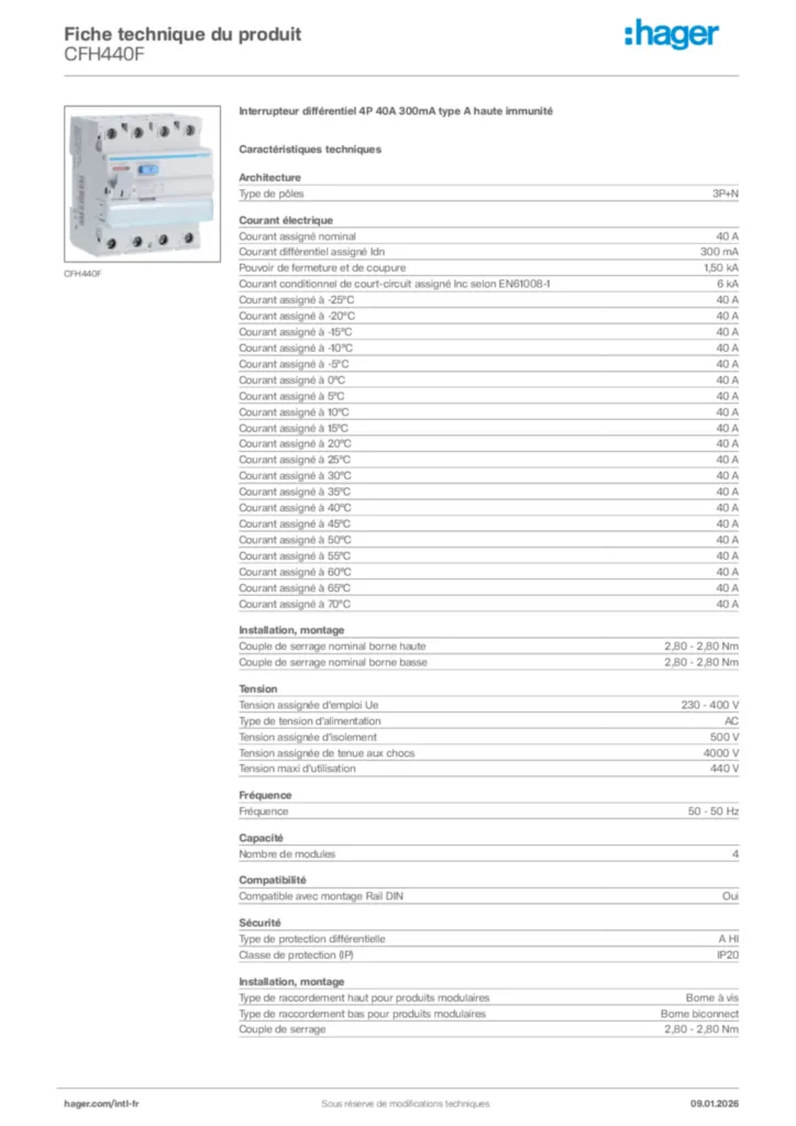 Image Hager Fiche technique du produit CFH440F | Hager Afrique