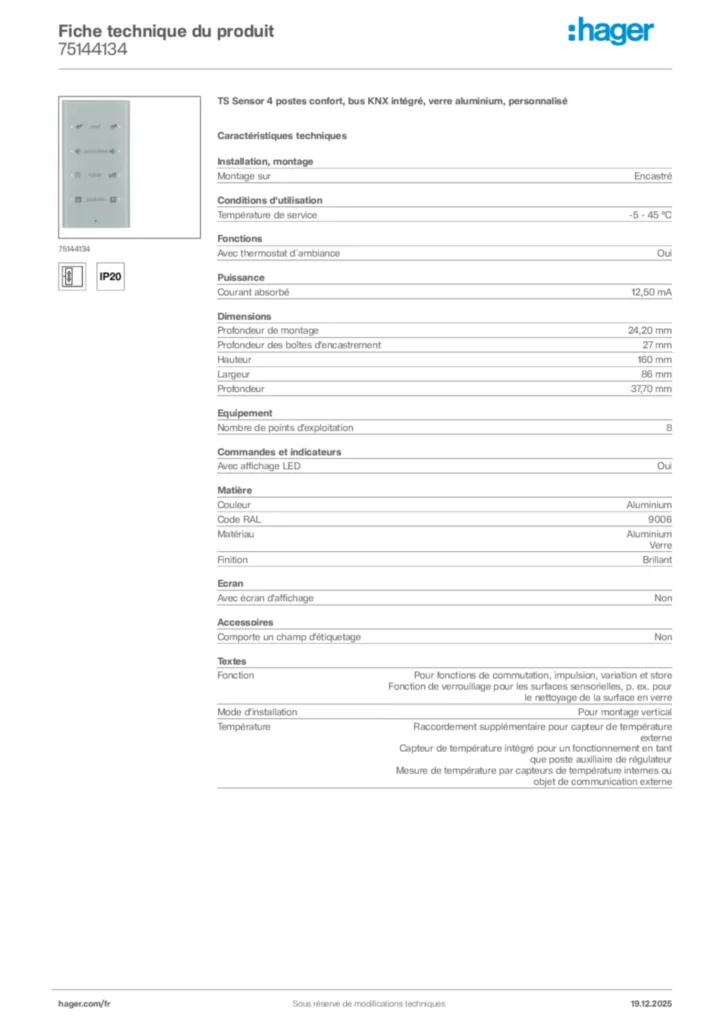 Image Hager Fiche technique du produit 75144134 | Hager France