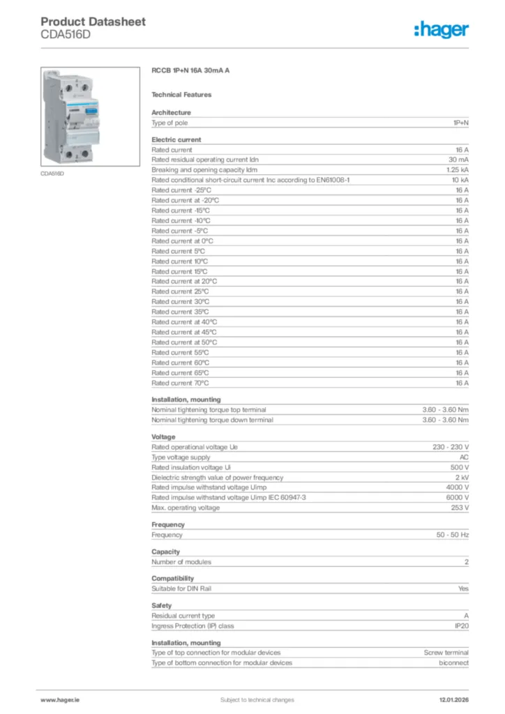 Image Hager Product data sheet CDA516D  | Hager