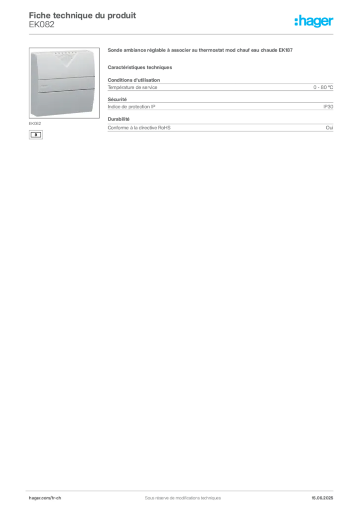 Image Hager Fiche technique du produit EK082 | Hager Suisse