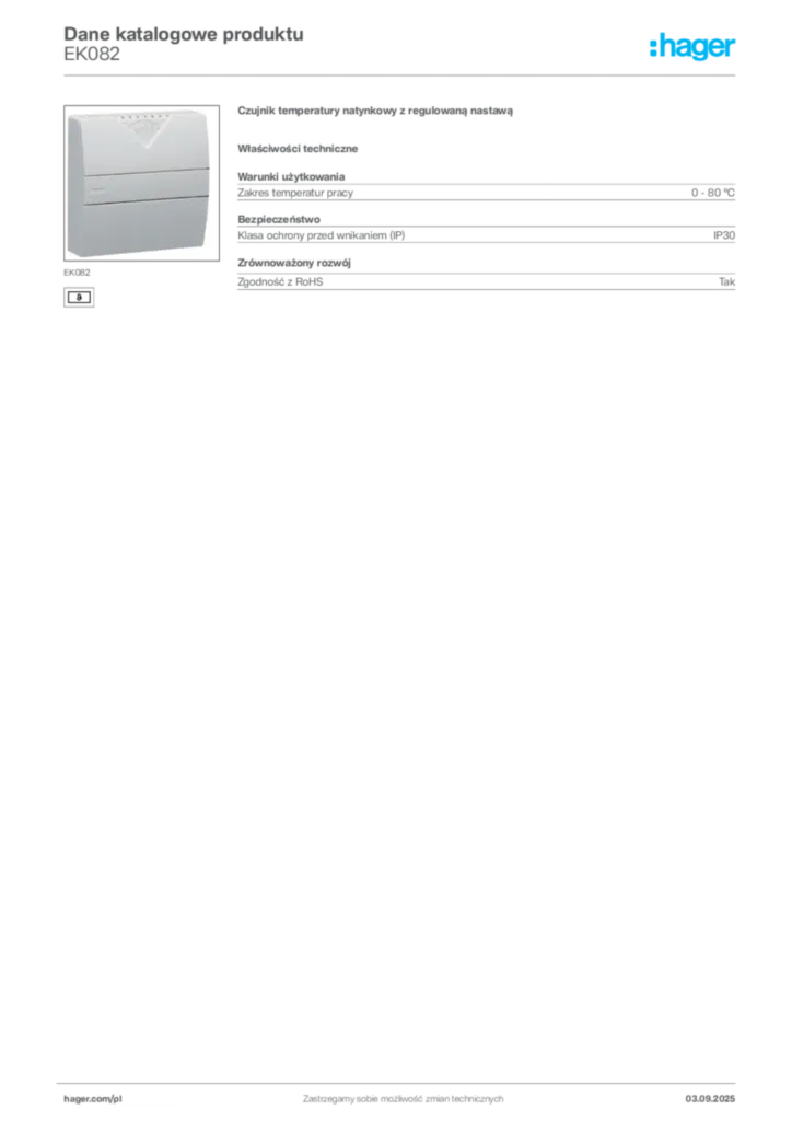 Zdjęcie Hager Karta katalogowa EK082 | Hager Polska