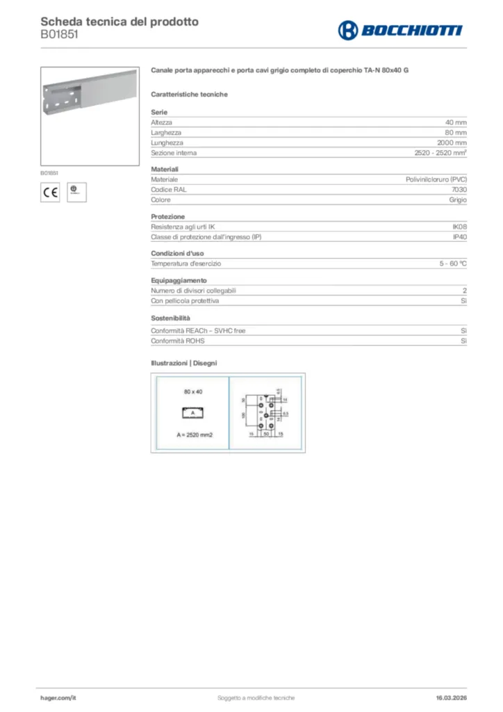 Immagine Bocchiotti Scheda tecnica del prodotto B01851 | Hager Italia
