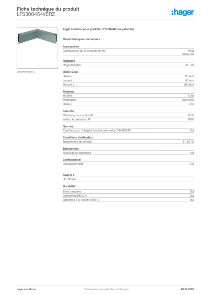 Image Hager Fiche technique du produit LFS300454VERZ | Hager Belgique