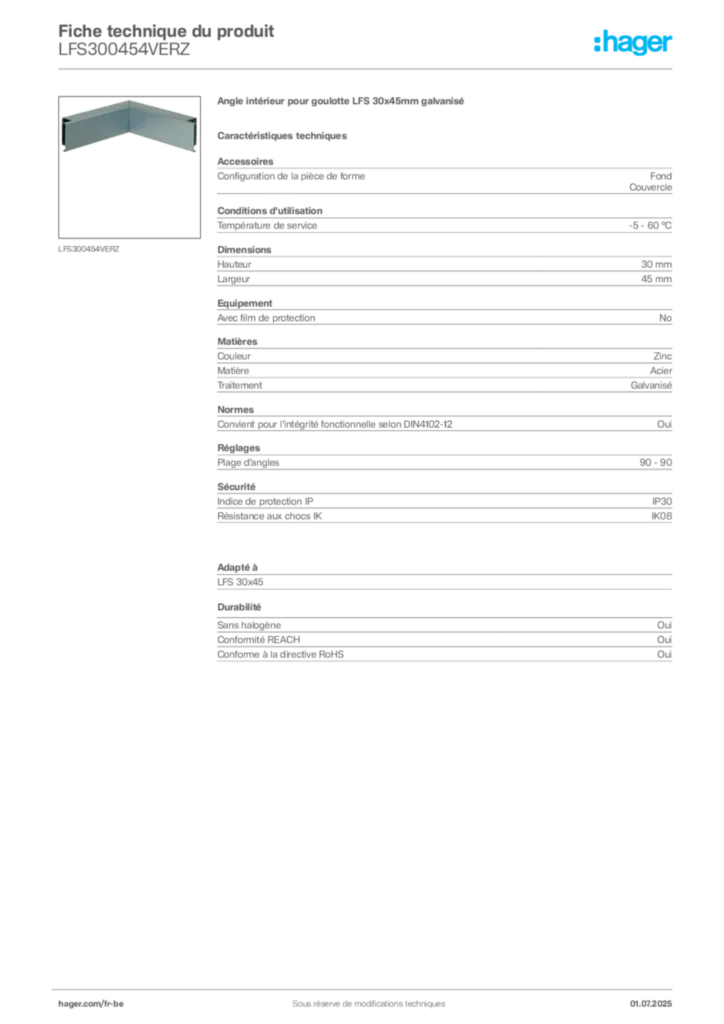 Image Hager Fiche technique du produit LFS300454VERZ | Hager Belgique