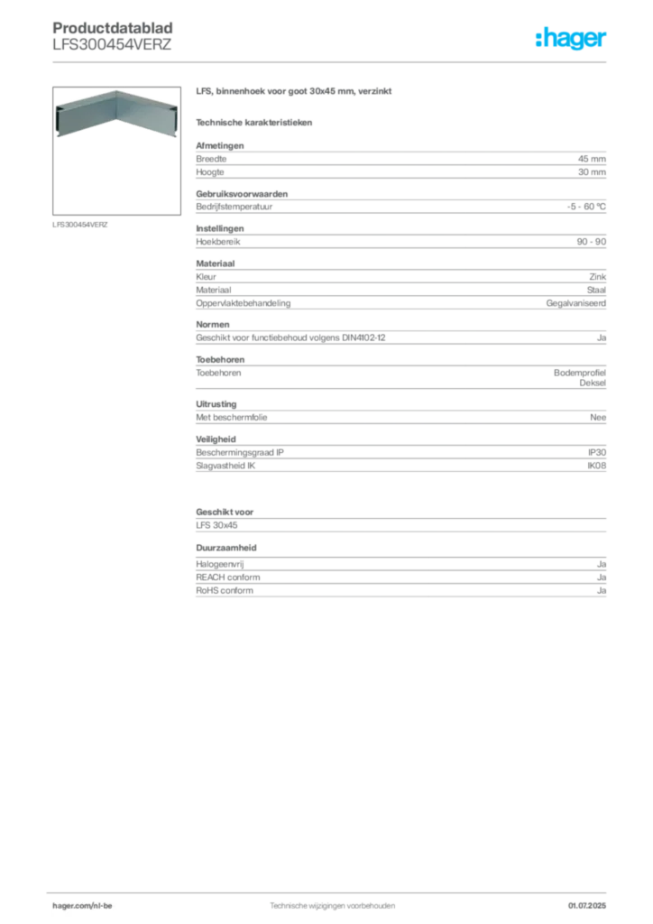 Afbeelding Hager Productdatablad LFS300454VERZ | Hager Belgium