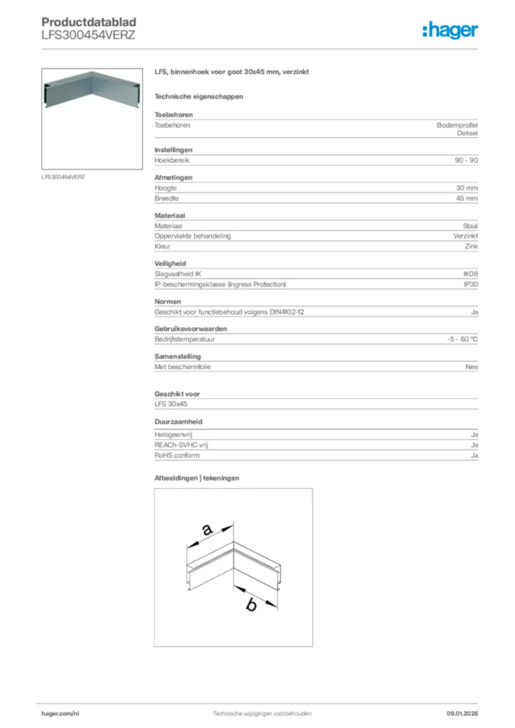 Afbeelding Hager Productdatablad LFS300454VERZ | Hager Nederland
