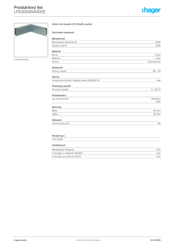 Obrázek Hager Produktový list LFS300454VERZ | Hager