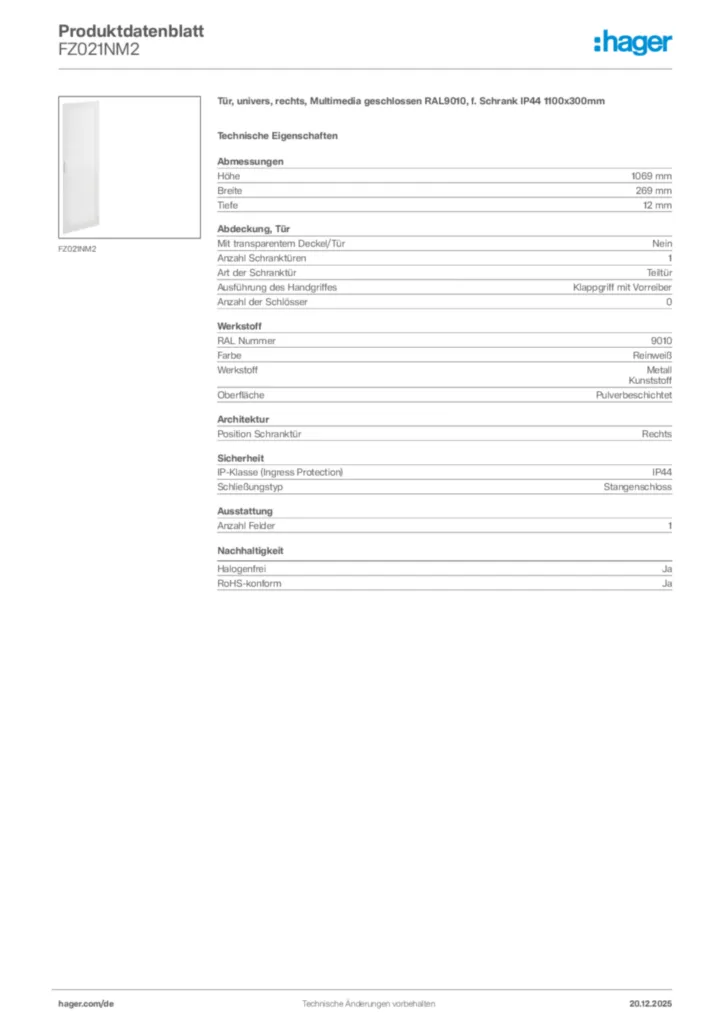 Bild Hager Produktdatenblatt FZ021NM2 | Hager Deutschland