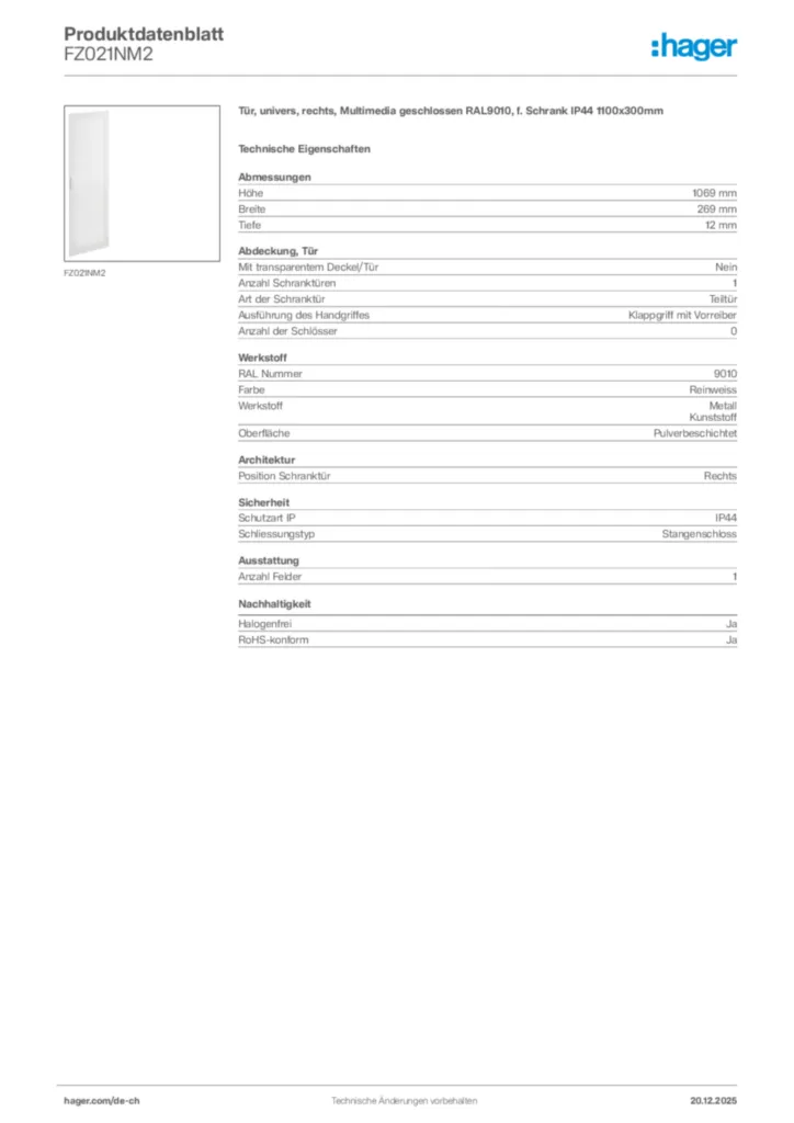Bild Hager Produktdatenblatt FZ021NM2 | Hager Schweiz