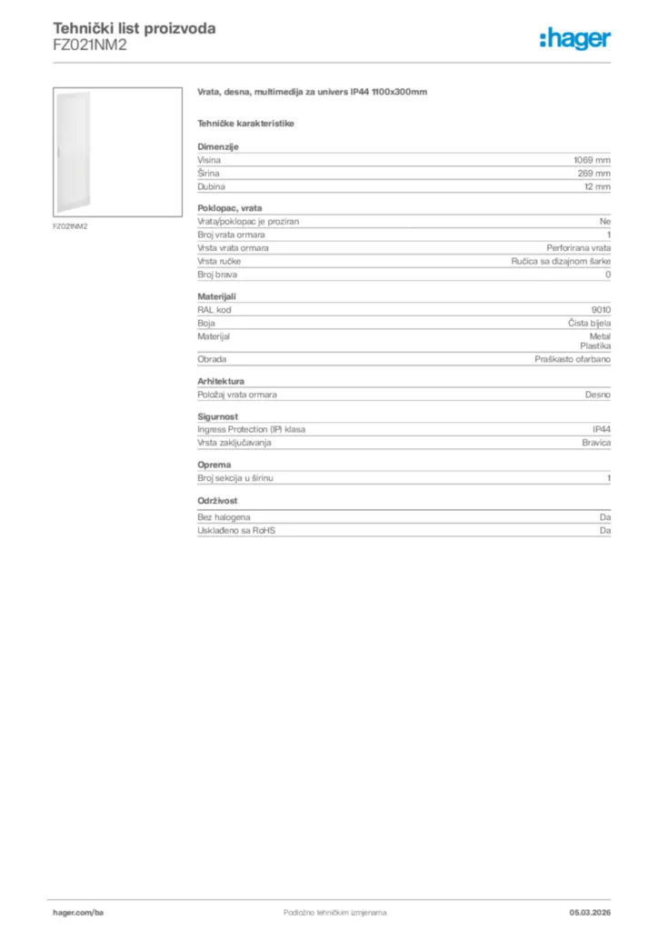 Slika Hager Tehnički list proizvoda FZ021NM2  | Hager