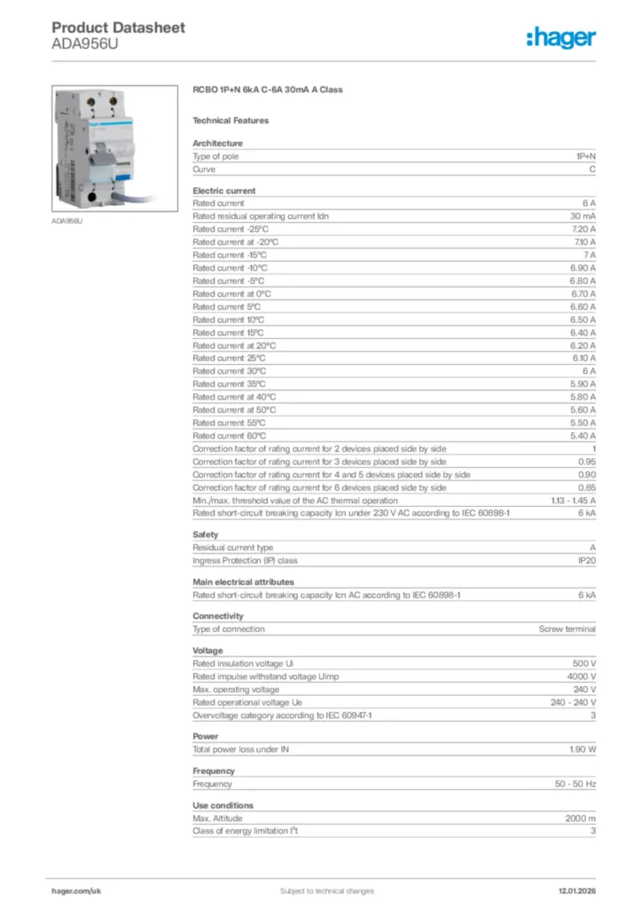 Image Hager Product data sheet ADA956U  | Hager