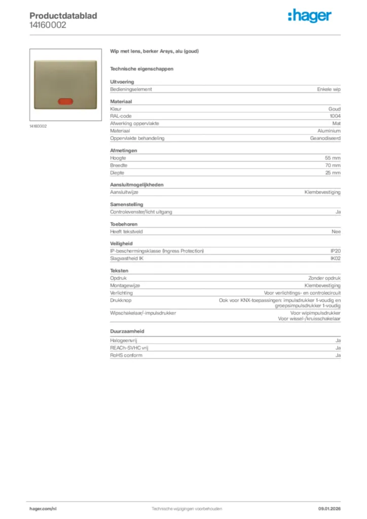 Afbeelding Hager Productdatablad 14160002 | Hager Nederland