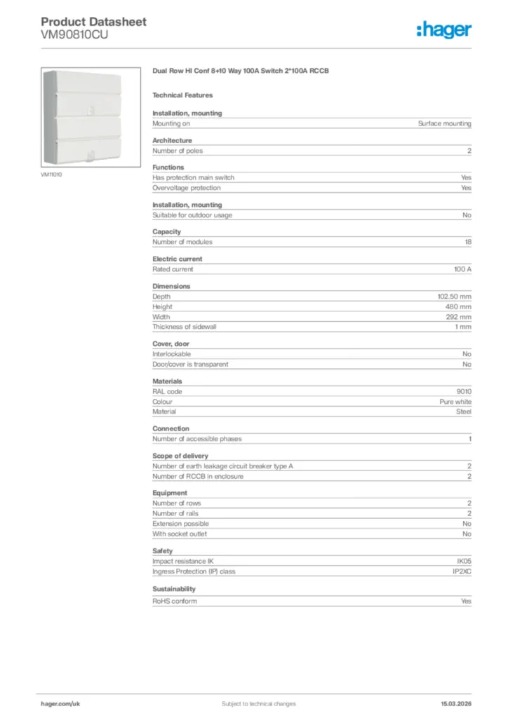 Image Hager Product data sheet VM90810CU  | Hager