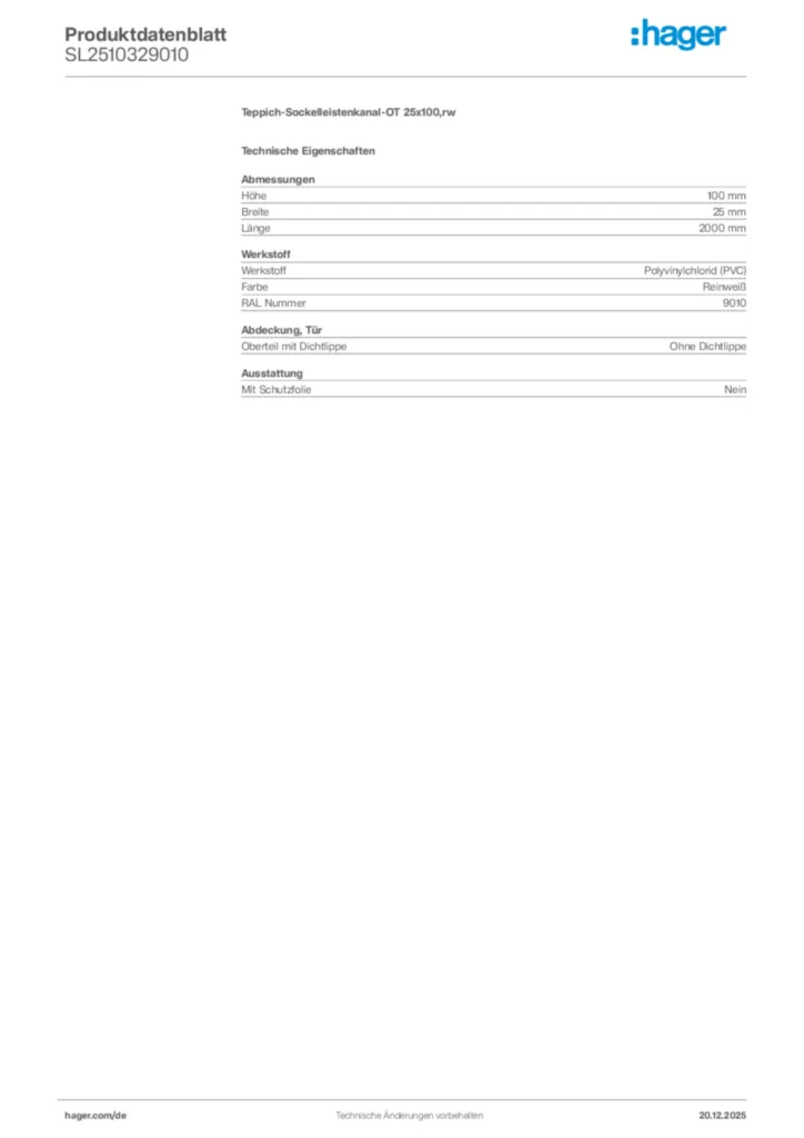 Bild Hager Produktdatenblatt SL2510329010 | Hager Deutschland