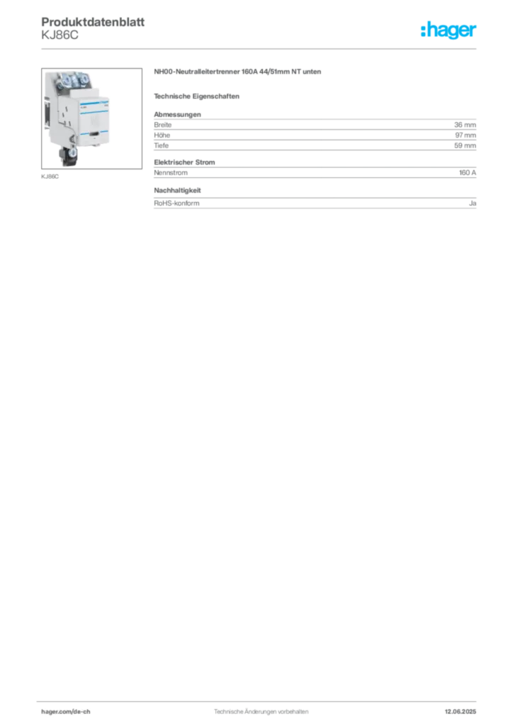 Bild Hager Produktdatenblatt KJ86C | Hager Schweiz