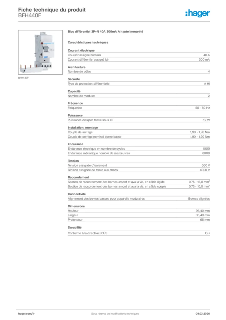 Image Hager Fiche technique du produit BFH440F | Hager France