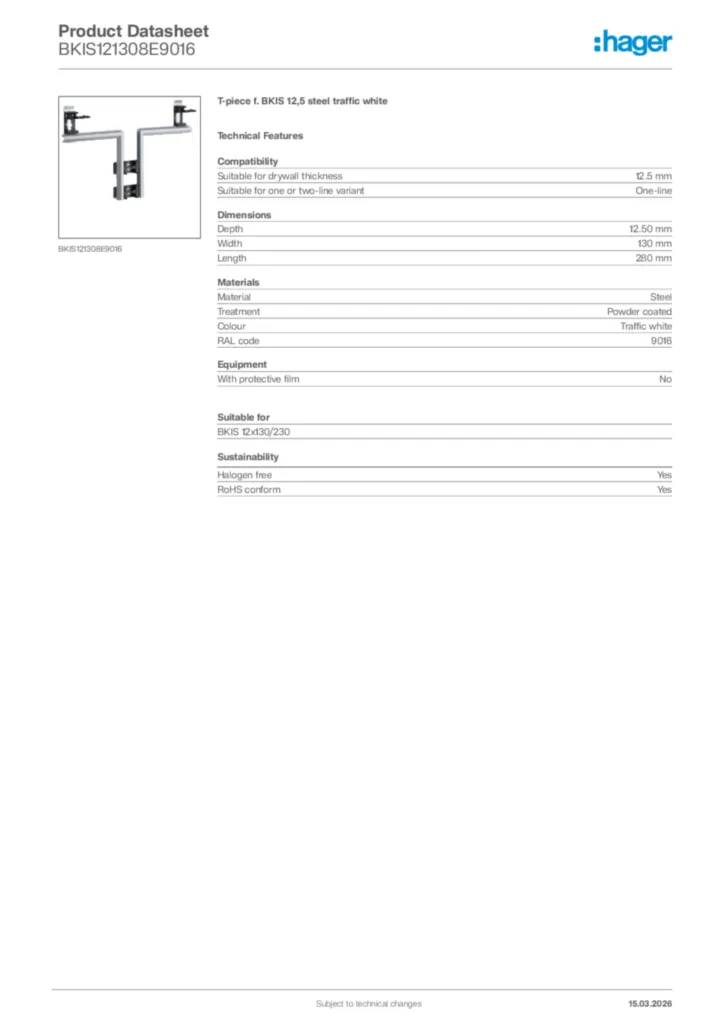 Image Hager Product data sheet BKIS121308E9016  | Hager Africa