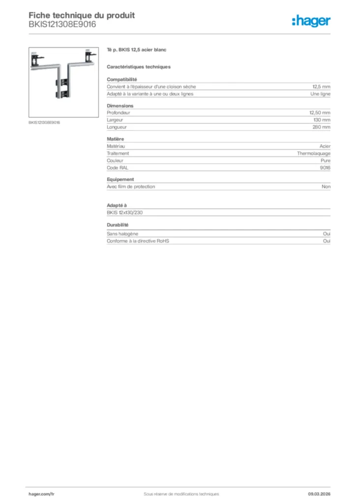 Image Hager Fiche technique du produit BKIS121308E9016 | Hager France