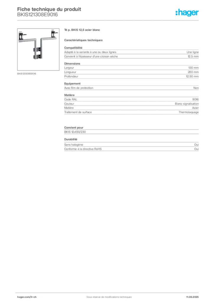 Image Hager Fiche technique du produit BKIS121308E9016 | Hager Suisse