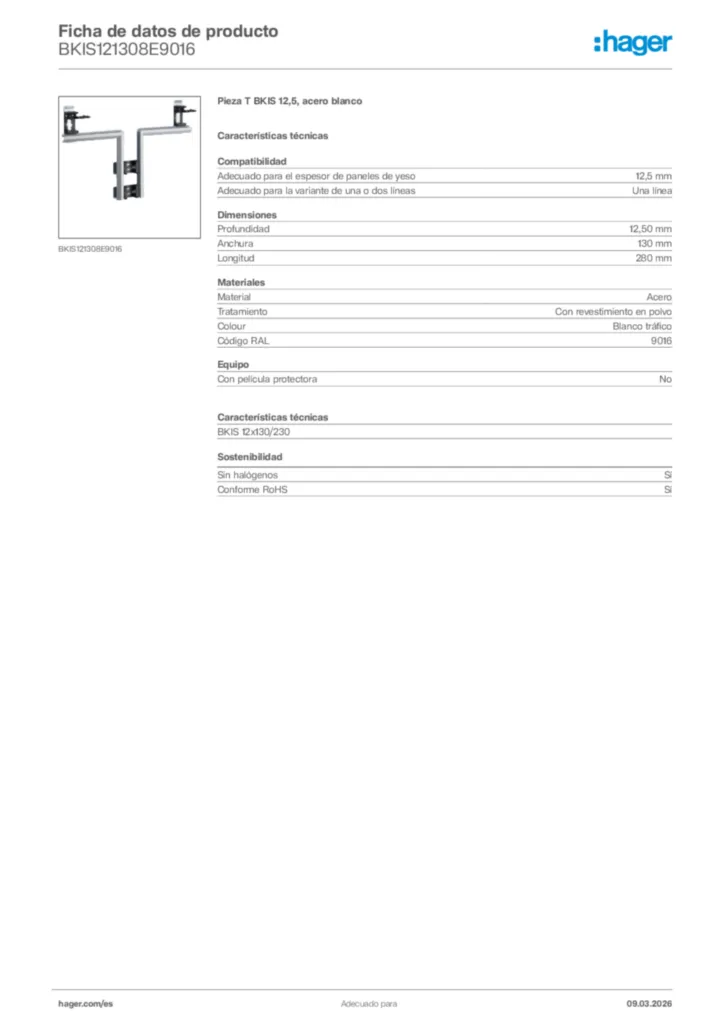 Imagen Hager Ficha de datos de producto BKIS121308E9016 | Hager España