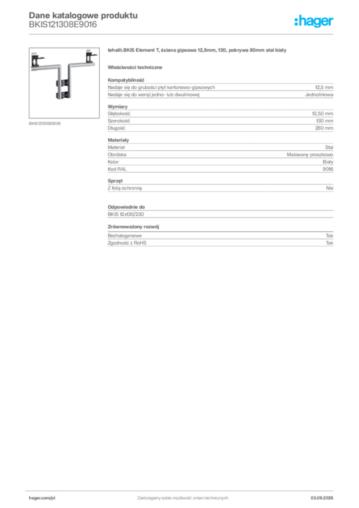Zdjęcie Hager Karta katalogowa BKIS121308E9016 | Hager Polska