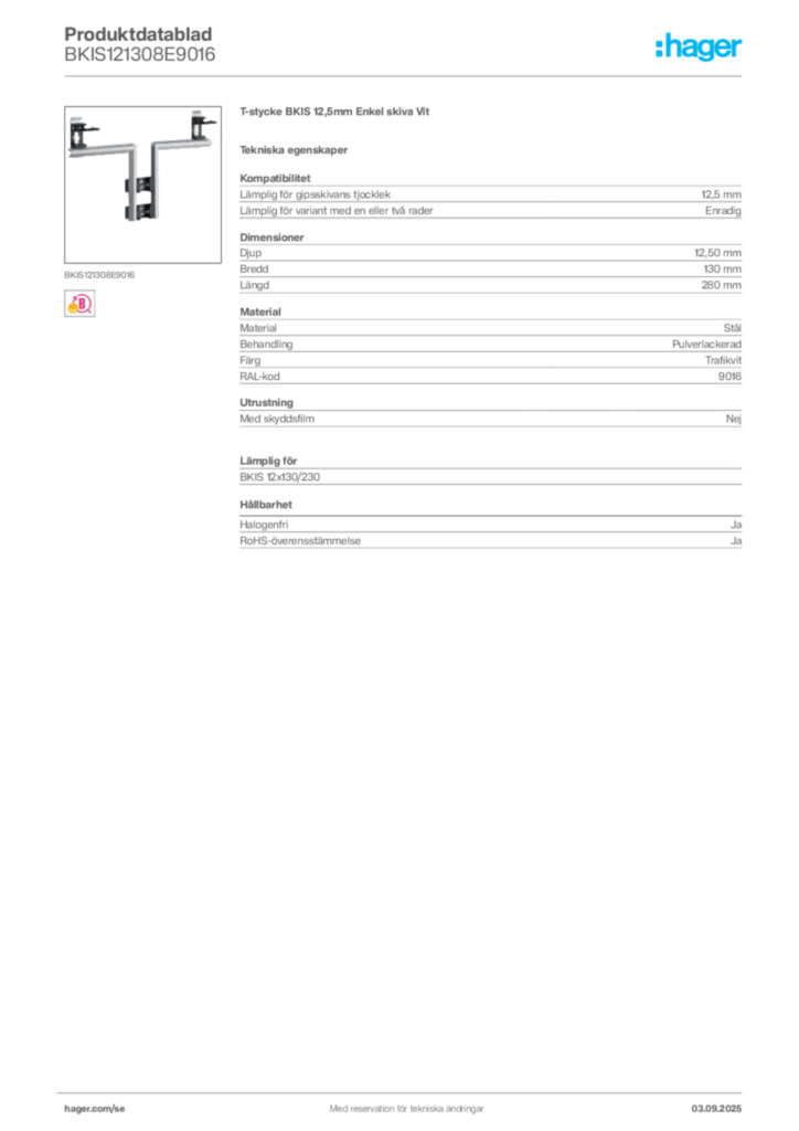 Bild Hager Produktdatablad BKIS121308E9016 | Hager Sverige