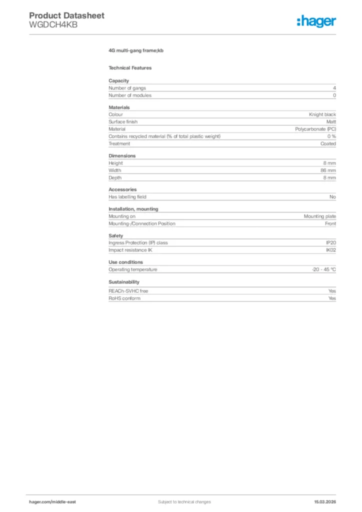 Image Hager Product data sheet WGDCH4KB  | Hager