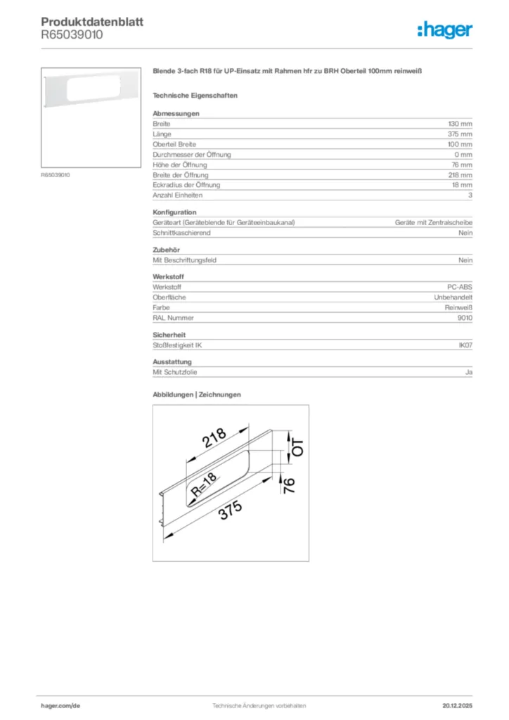 Bild Hager Produktdatenblatt R65039010 | Hager Deutschland