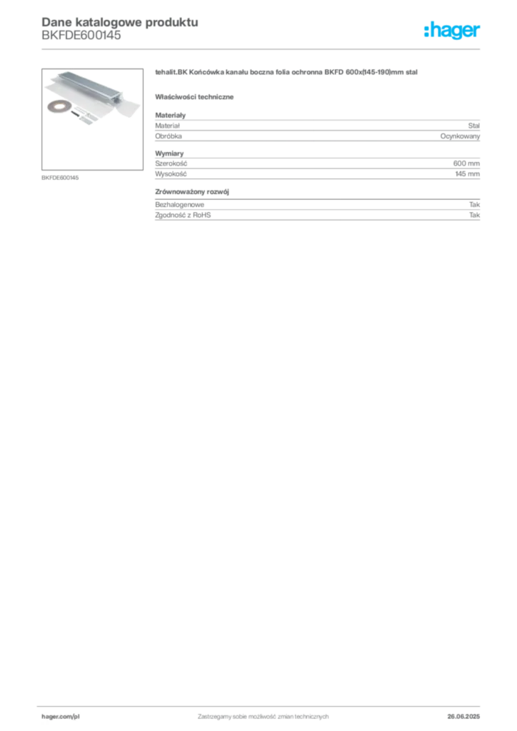 Zdjęcie Hager Karta katalogowa BKFDE600145 | Hager Polska
