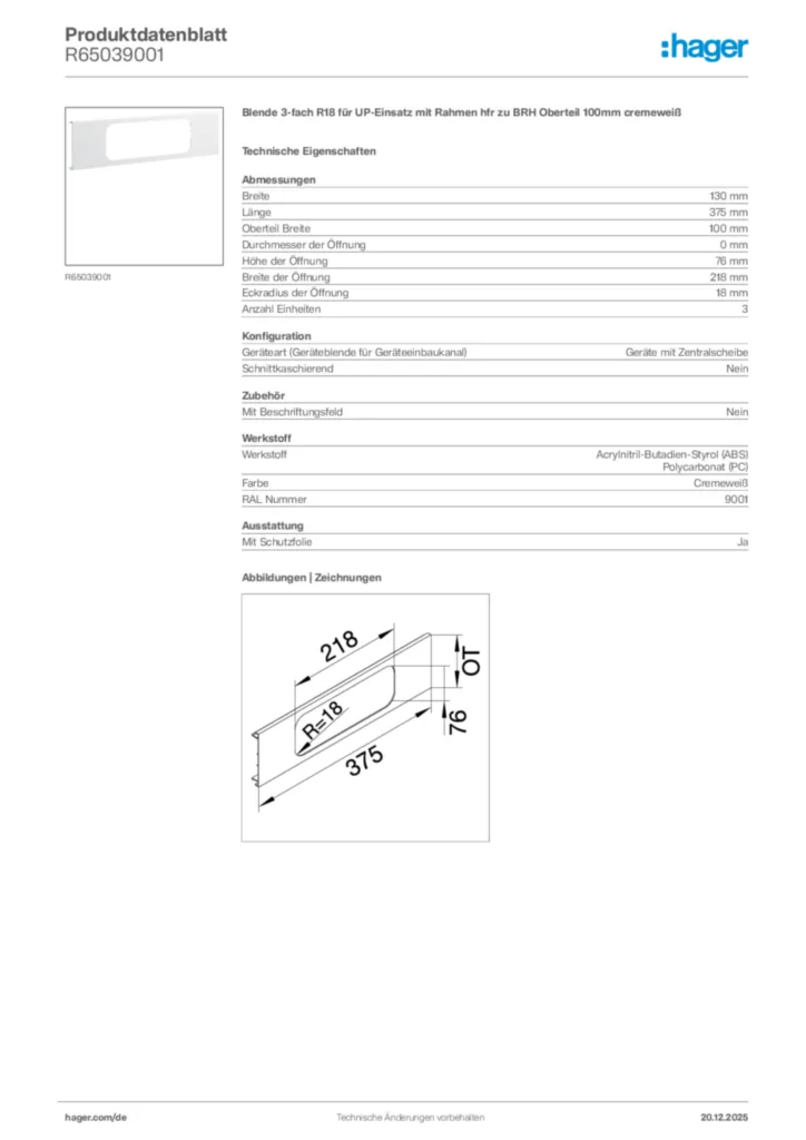 Bild Hager Produktdatenblatt R65039001 | Hager Deutschland