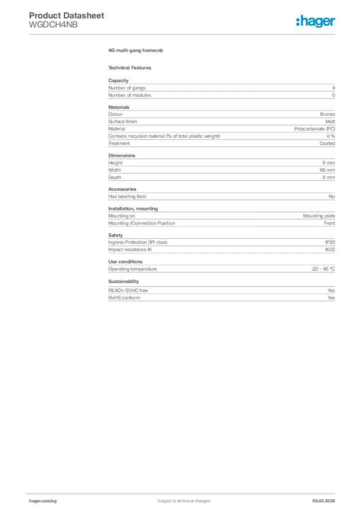 Image Hager Product data sheet WGDCH4NB  | Hager