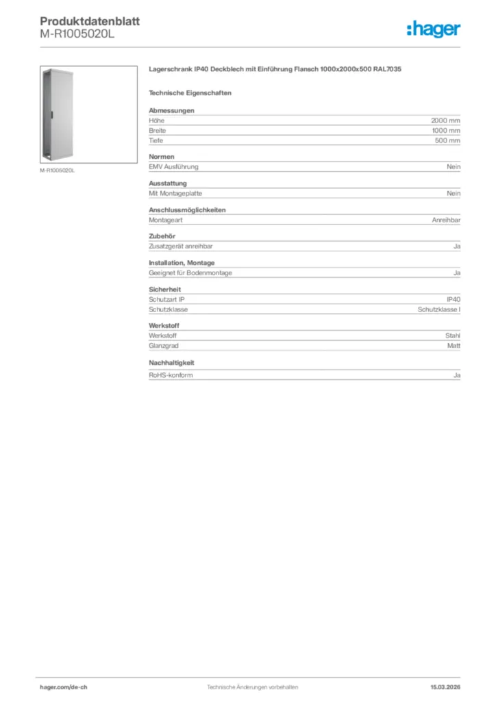 Bild Hager Produktdatenblatt M-R1005020L | Hager Schweiz