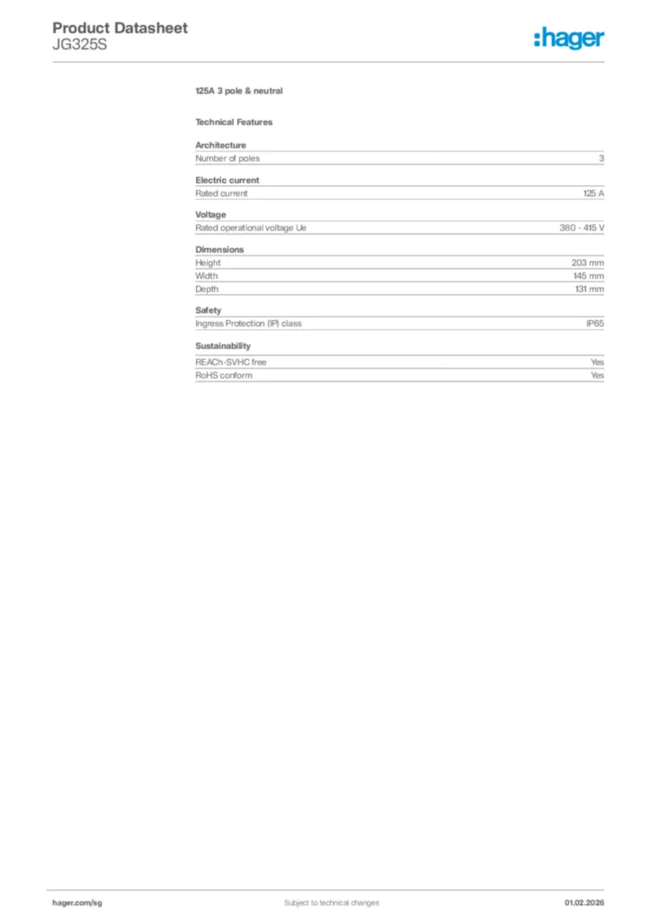 Image Hager Product data sheet JG325S  | Hager