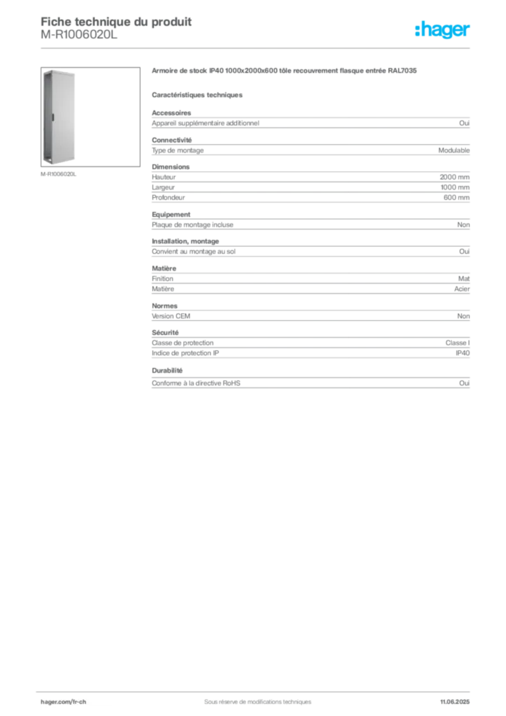 Image Hager Fiche technique du produit M-R1006020L | Hager Suisse