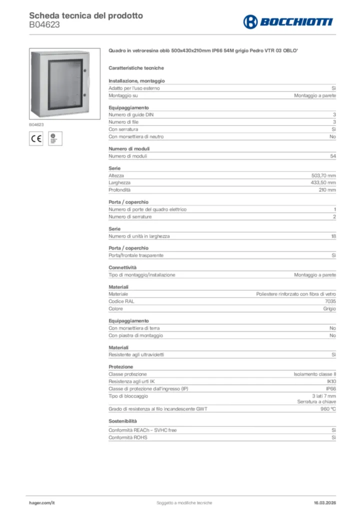 Immagine Bocchiotti Scheda tecnica del prodotto B04623 | Hager Italia