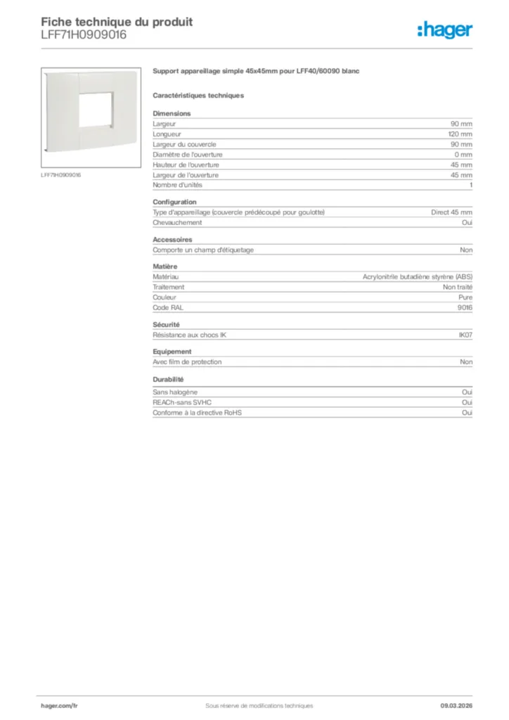 Image Hager Fiche technique du produit LFF71H0909016 | Hager France