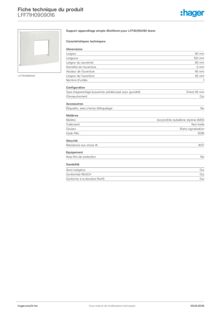 Image Hager Fiche technique du produit LFF71H0909016 | Hager Belgique
